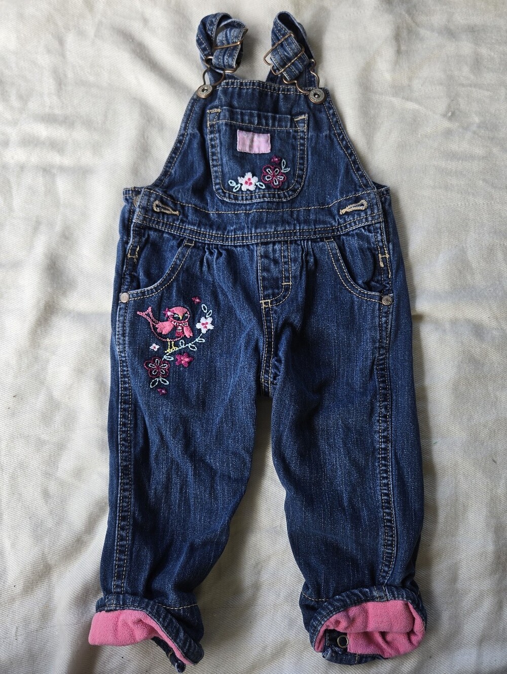 Oshkosh Classic Denim Overalls Embroidered Bird And Flowers
